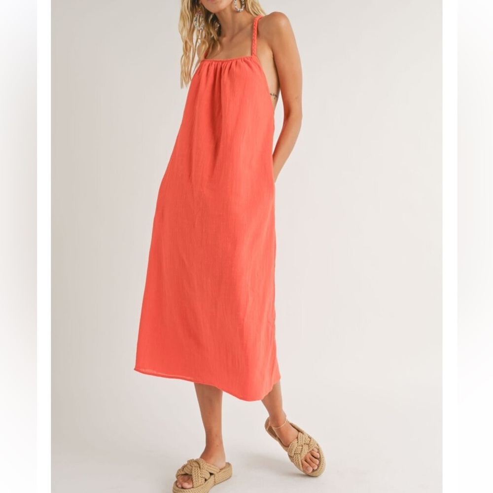 Sadie & Sage Braided Strap Orange Cotton Midi. Size